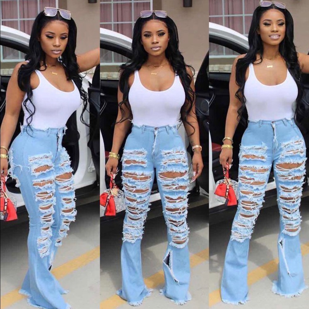 Heavily distressed bell bottoms